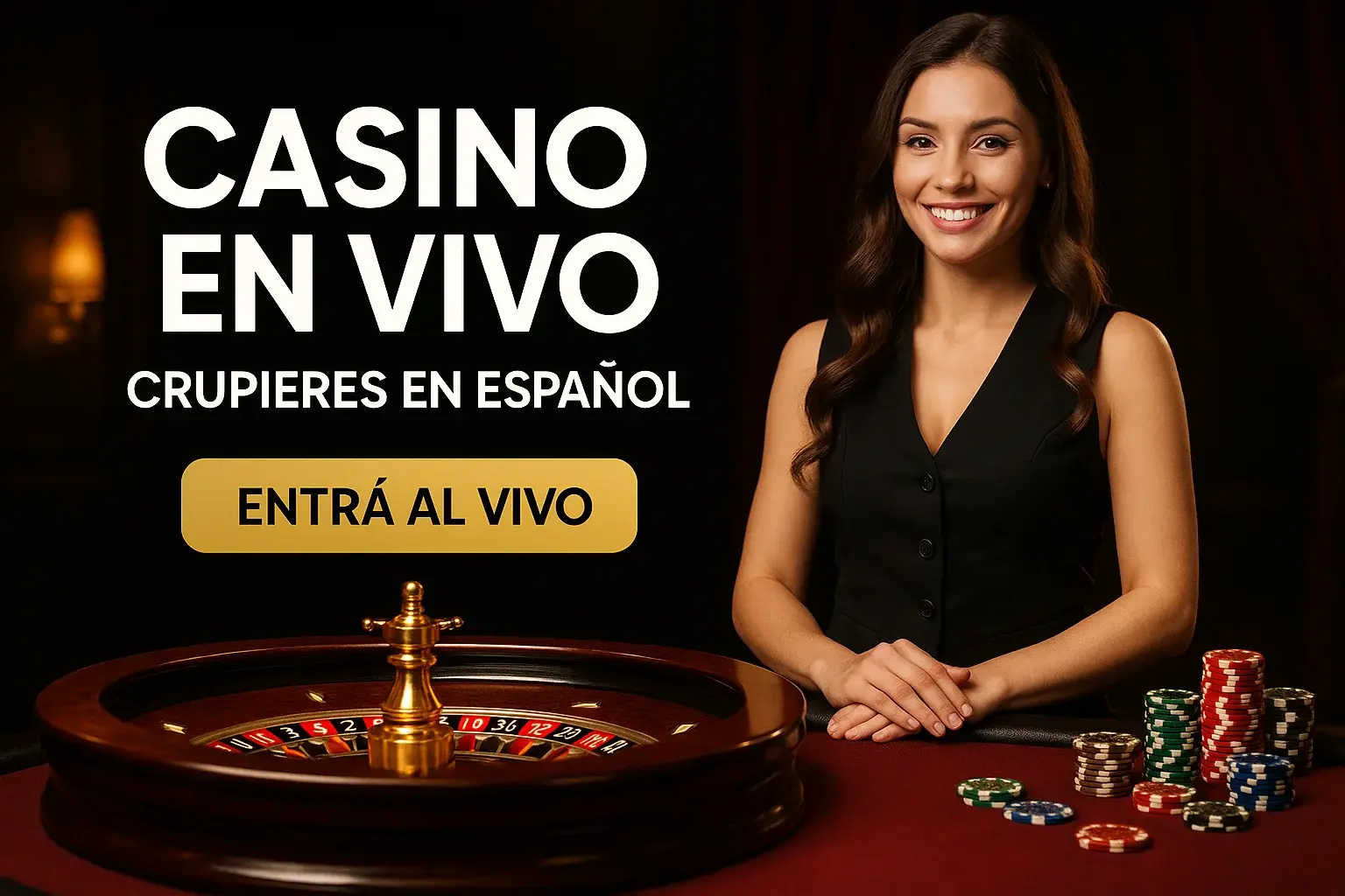 Crupier en español sonriendo junto a ruleta en casino en vivo