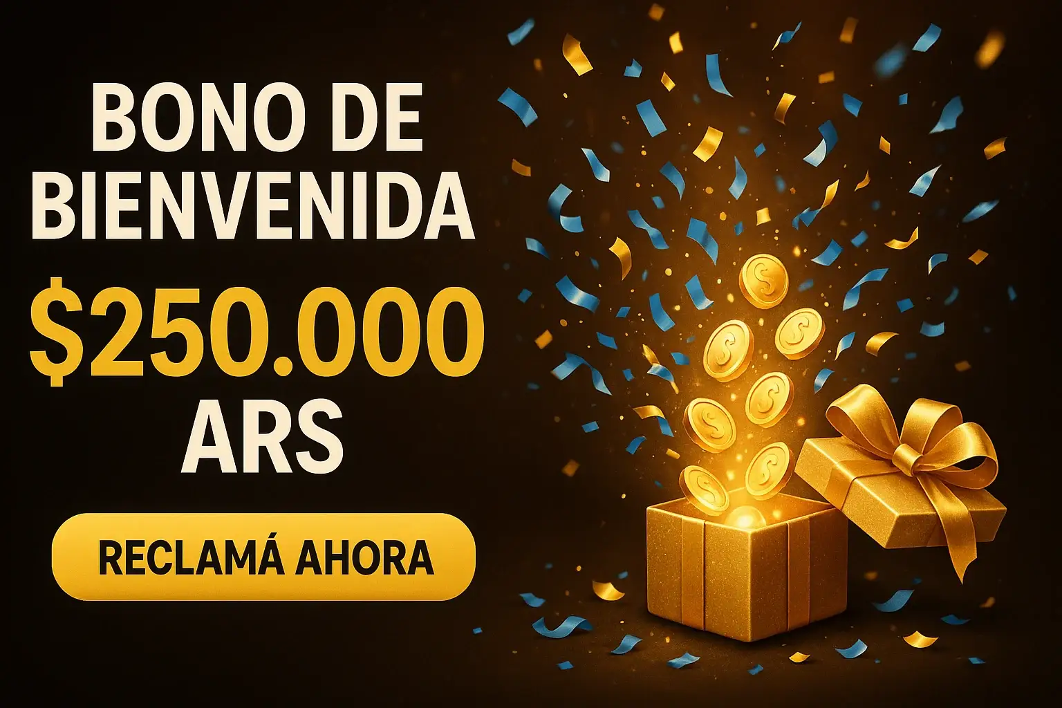 Banner de casino con bono de bienvenida de 250.000 ARS y regalo